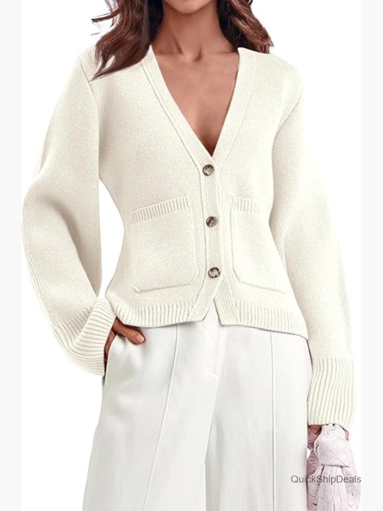 Deep V Neck Cardigan Sweater Open Front Button Down Long Sleeve Cropped Knit